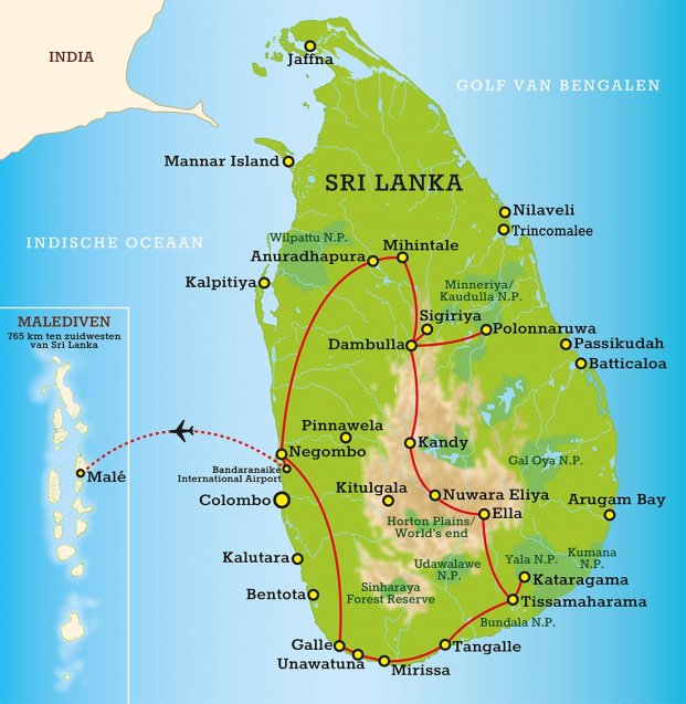 Routekaart Sri Lanka & Malediven Highlights 16 dagen